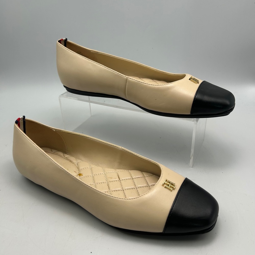 Tommy Hilfiger Ballet Flats Womens 7.5 Beige Black Cap Toe Quilted Old Money